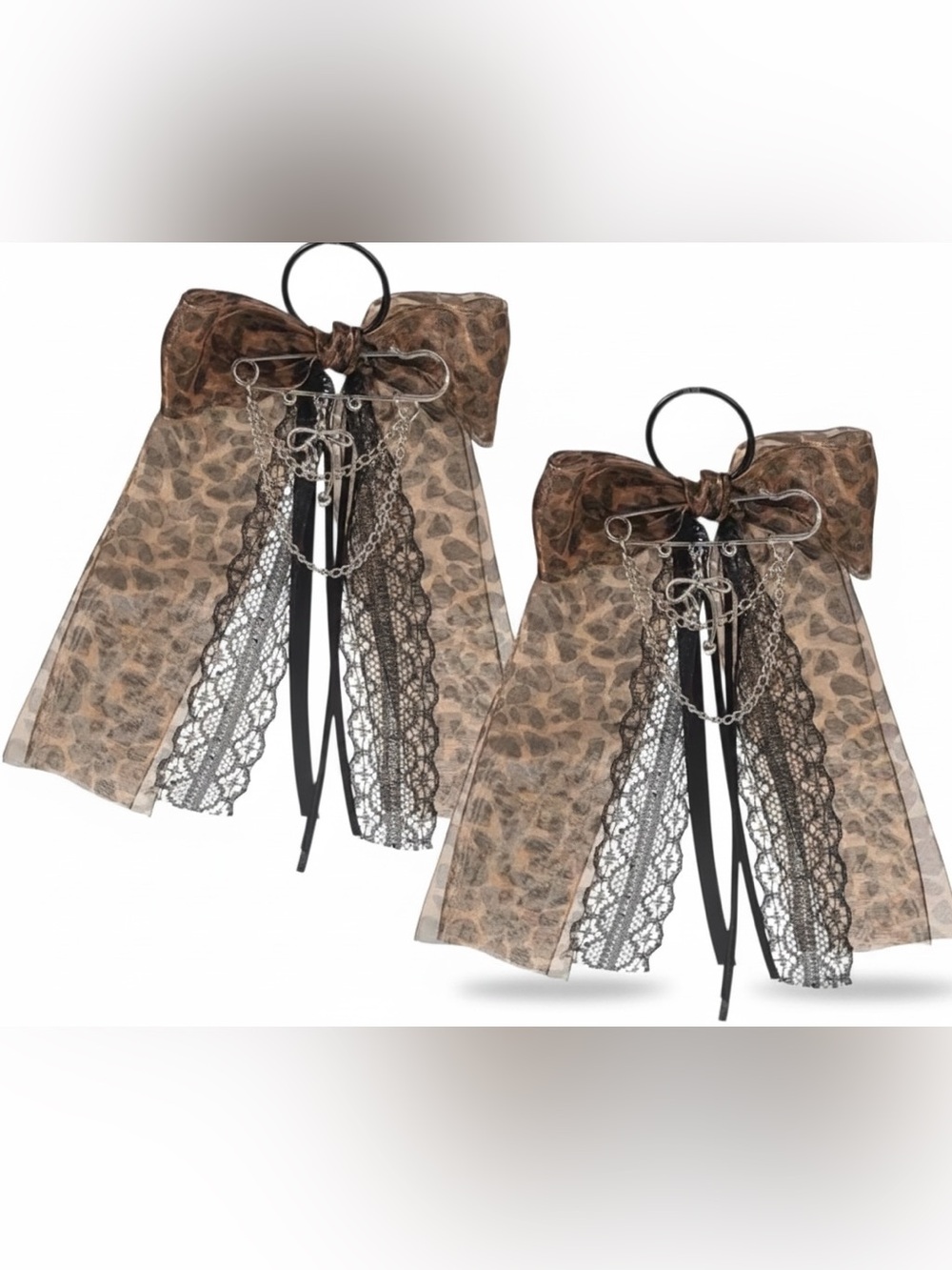 Leopard Bow  Tie with Lace & Chain Accent - Brown